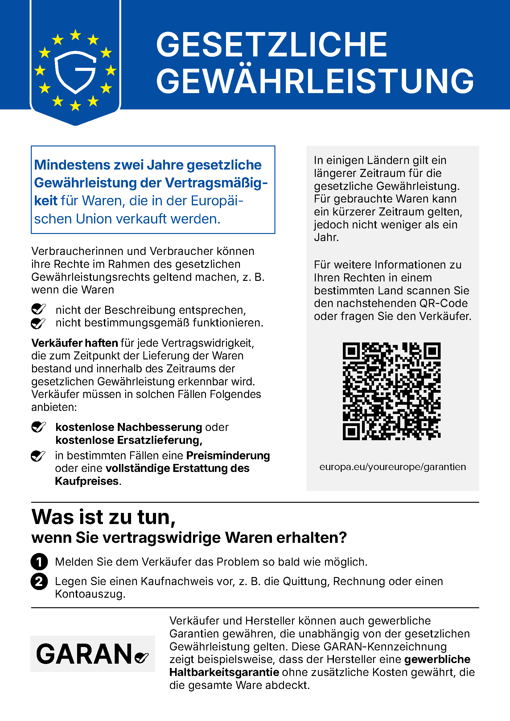 EU-Gewährleistungslabel: Information über die gesetzlichen Mängelrechte beim Warenkauf